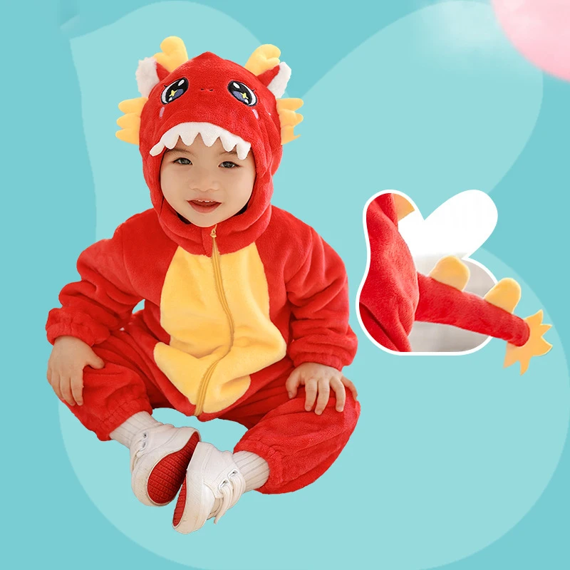 2024 New Cartoon Chinese Dragon Baby Rompers Winter Hooded Flannel Toddler Infant Clothes Bodysuits Jumpsuit Costume Halloween