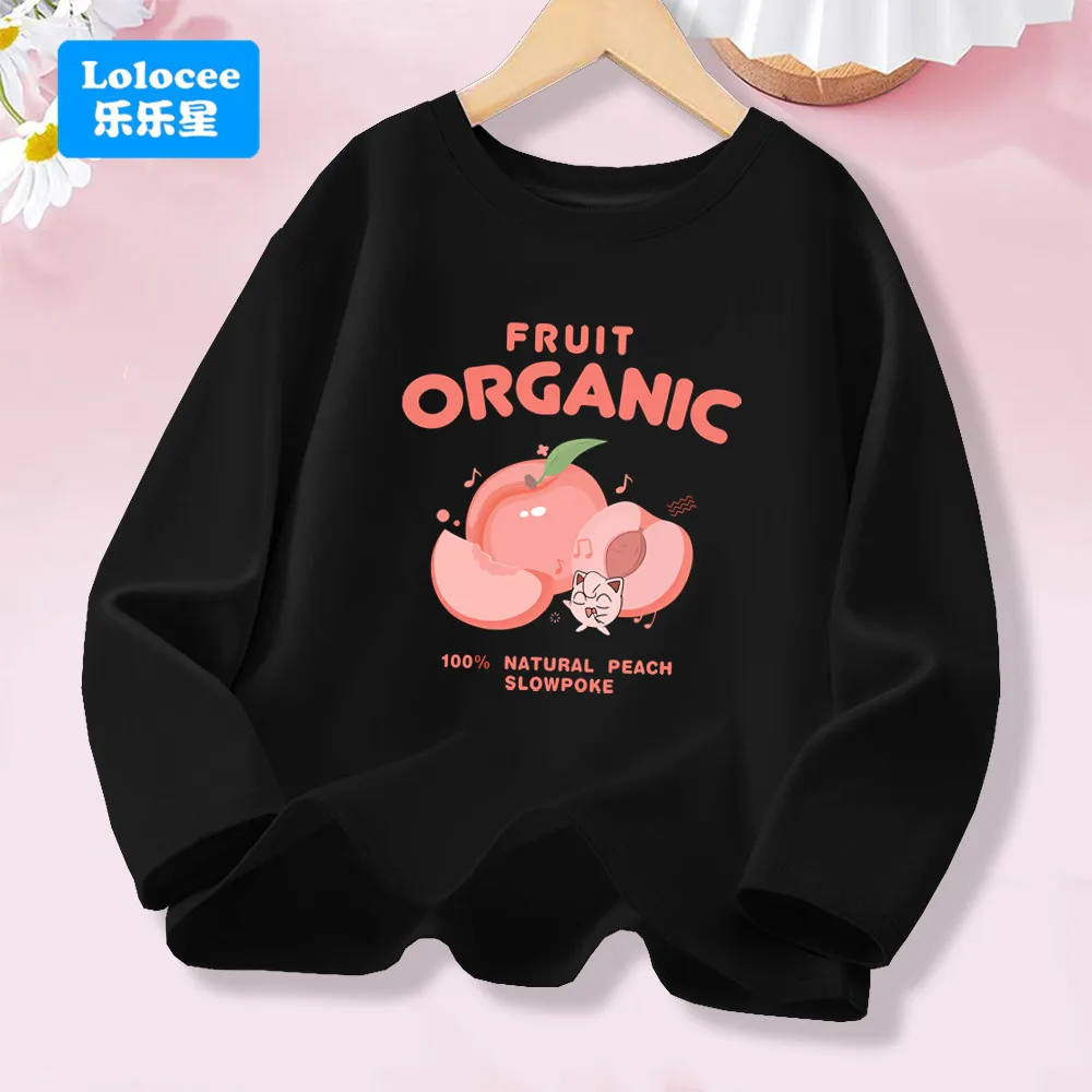 Kinder-Langarm-T-Shirt mit rosa Bio-Pfirsich-Aufdruck für Mädchen, süßes lässiges Kinder-Top TZ01