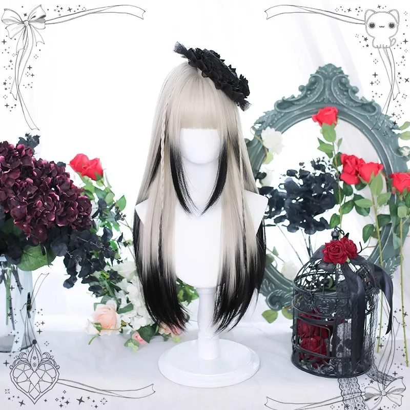 

DIFEI Synthetic cosplay wig beige gradient black long straight hair with bangs for women anime wig hair set