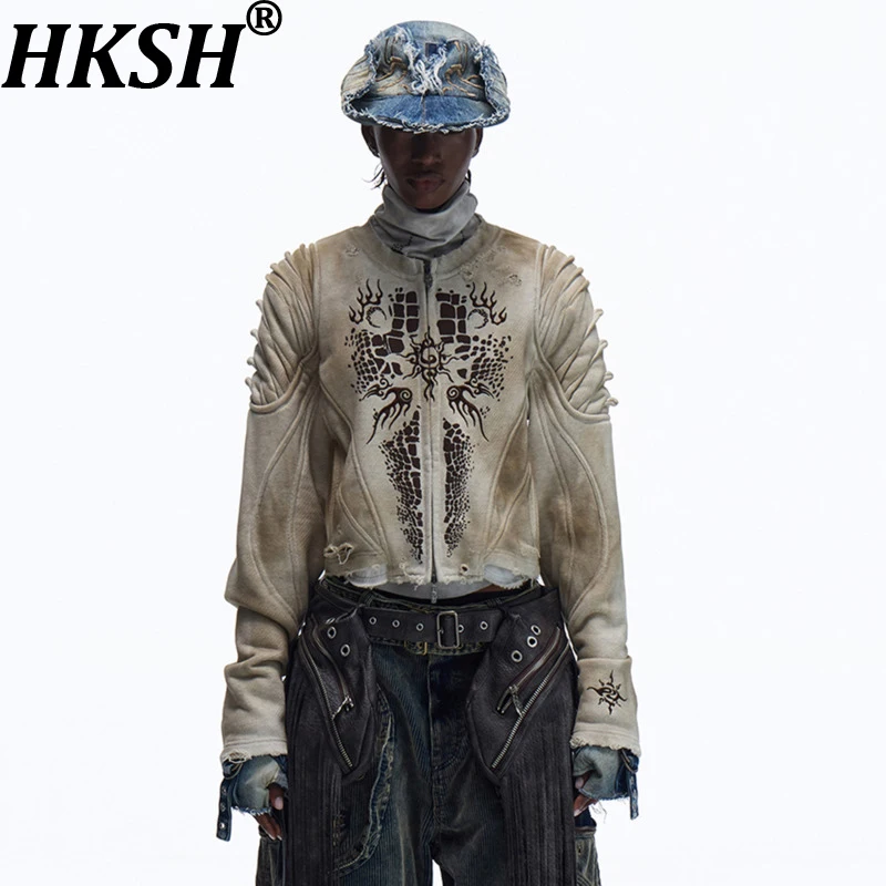 

HKSH Spring Autumn New Men Gothic Pleated Print Pattern Frayed Hole Slim Fit Coat Distressed Waste Land Ins Short Jacket HK16708