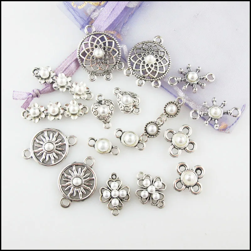 Fashion New Star Flower Round Clover Round Charms White Plastic Pendants Connectors Tibetan Silver Plated