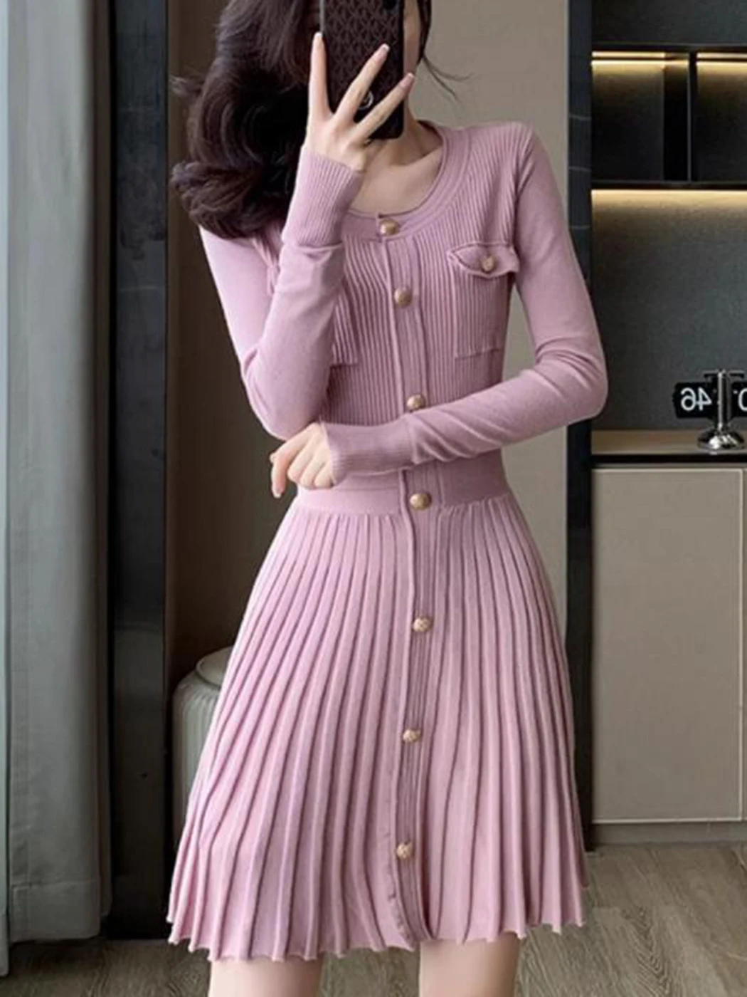 

2024 New Pink O-neck Knit Dress Autumn Metal Button Long Sleeve Fashion Short Dress A-line Pleat Elegant Chic Women Dresses