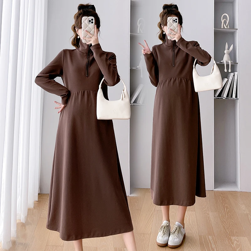 8155# 2023 Autumn Vintage Maternity Long Dresses Elegant A Line Slim Clothes for Pregnant Women Casual Pregnancy Clothing