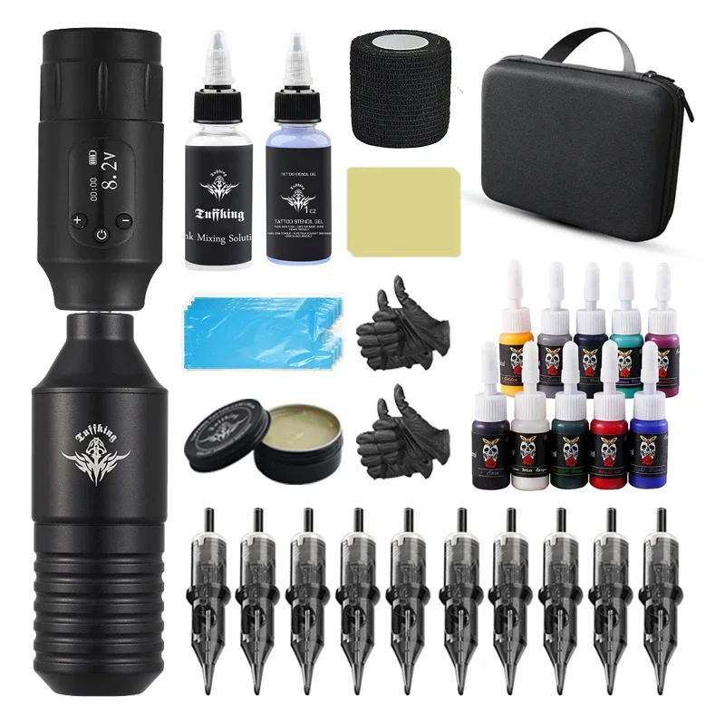 Profession elle rotary tattoo maschine set drahtlose tattoo maschine stift mit 10 stücke patronen nadeln digital anzeige netzteil