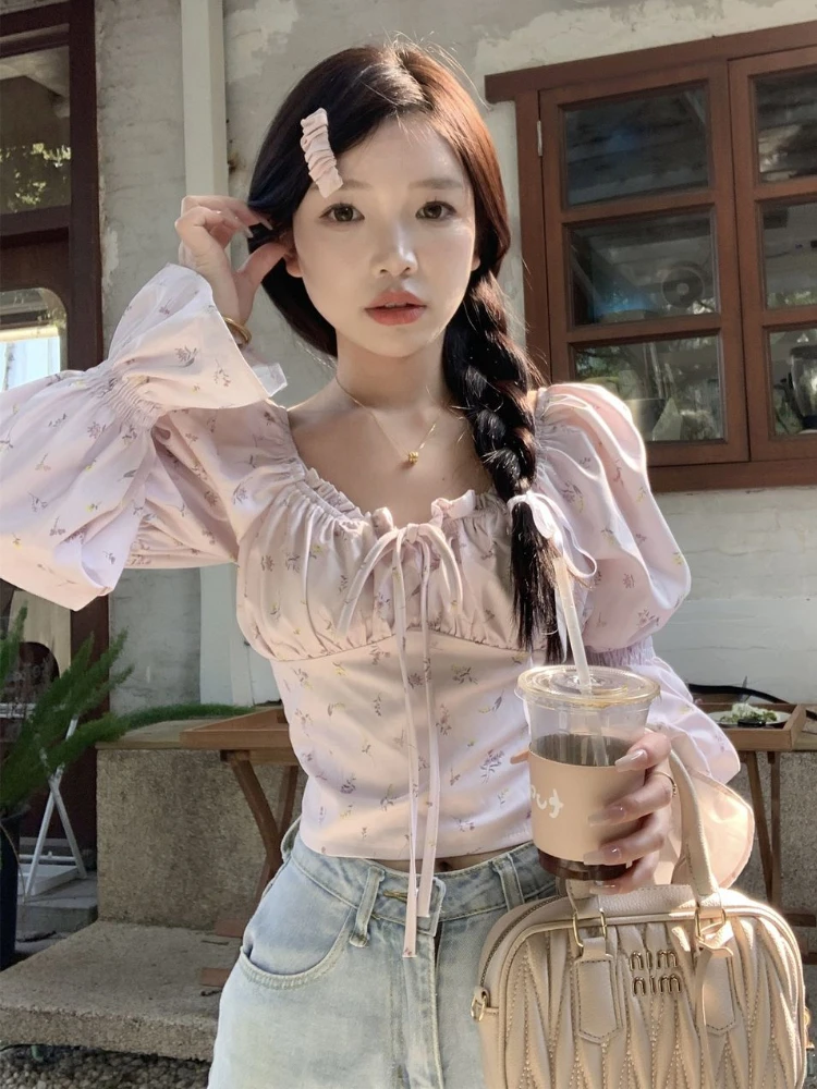 Blouses Women Crop Tops Slim Spring Chic Aesthetic Printed Hotsweet Puff Sleeve New Arrival French Style Vintage Lace-up Popular