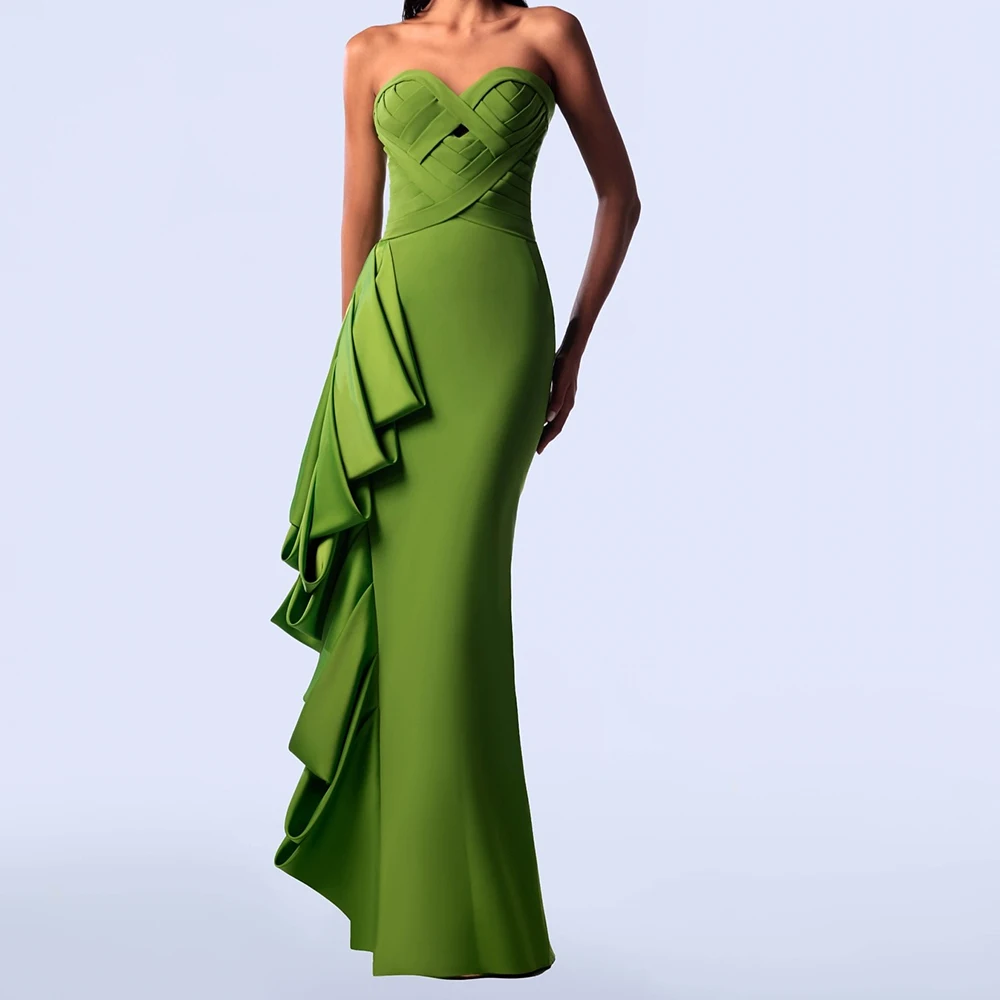 

Customized Modern Sweetheart Pleats Party Dress Temperament Mermaid Satin Green Zipper Back Evening Dress Vestidos Para Mujer