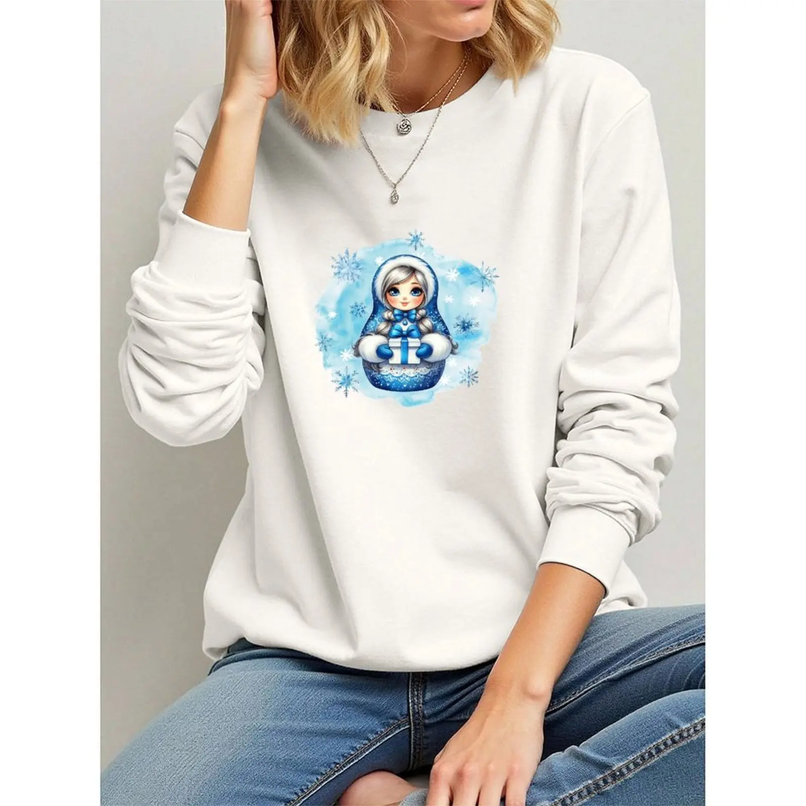 

Round Neck Women Sweatshirt Velvet Winter Casual Novy God Russian New Year Printed Pattern Woman Clothes Casual T-Shirts Tops