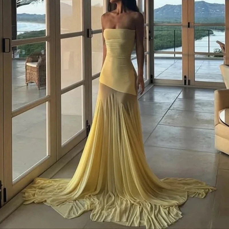 

BKLD Yellow Strapless Off-shoulder Backless 2025 Summer Vacation Party Mesh Patchwork See-through Female Elegant Slim Maxi Dress
