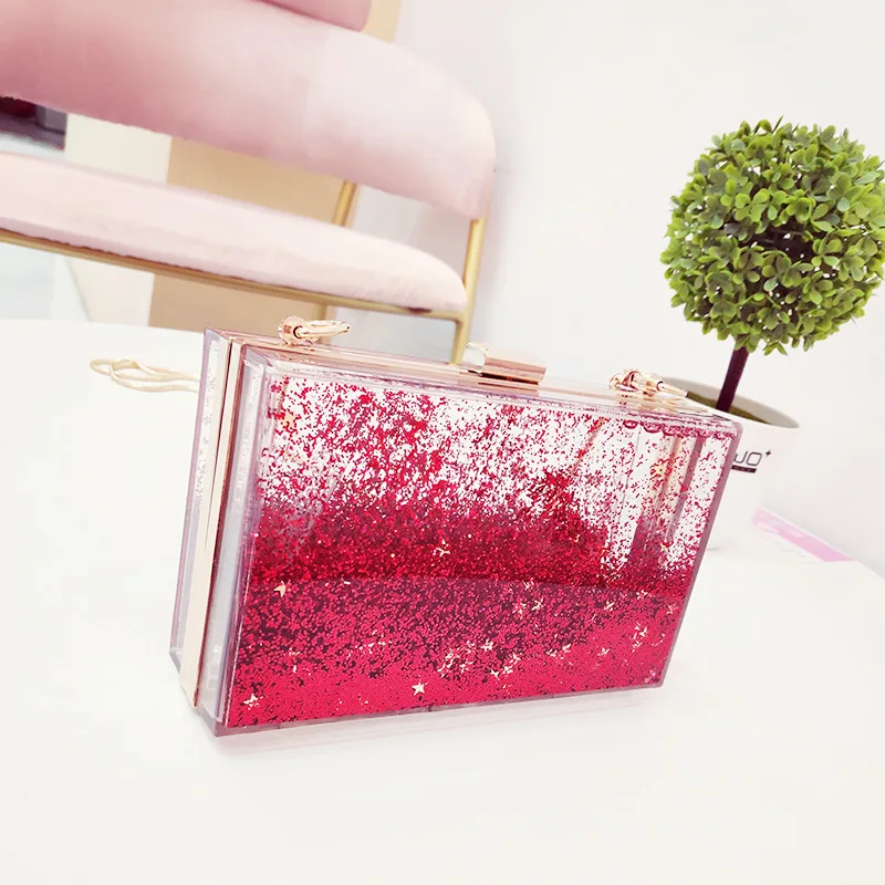 INS Red Sequined Transparent Clutch Women Pvc Box Bag Women Party Evening Purse Shoulder Bags Hard Day Clutches Bags Wedding New