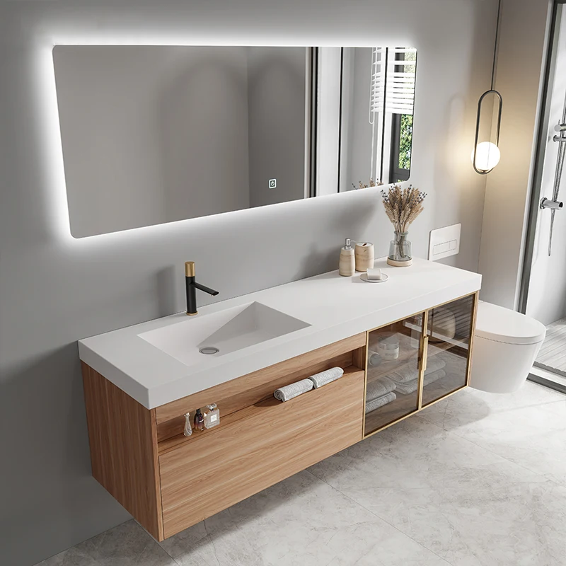 Modern style solid wood integrated marble countertop bathroom single sink vanity cabinet