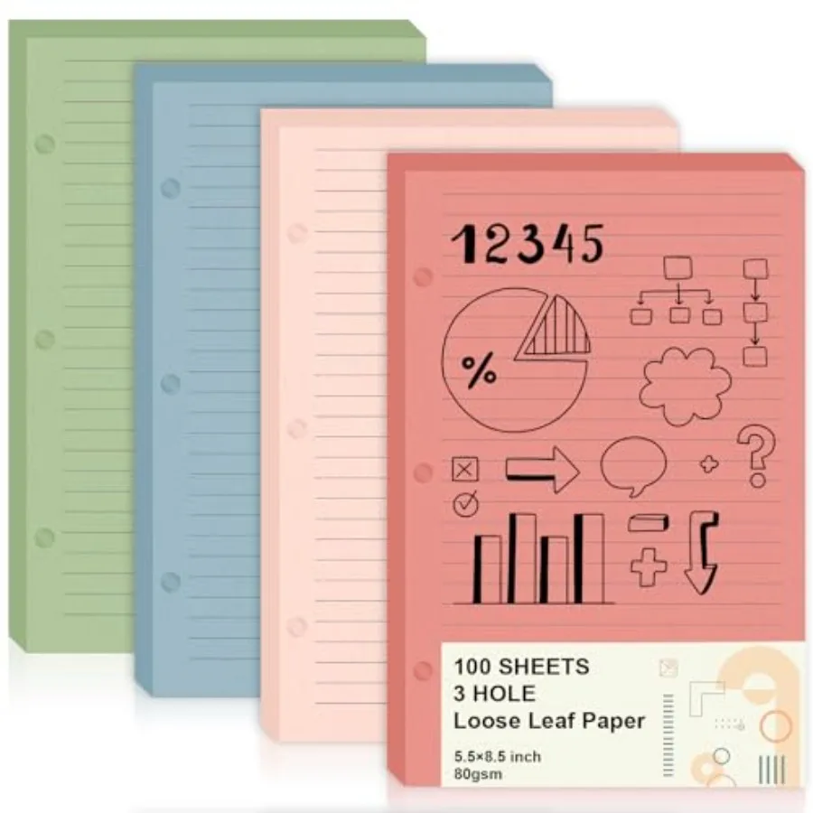 

100 Sheets Mini Loose Leaf Paper 5.5 x 8.5 Mini Binder Paper 3 Ring Colored Paper College Ruled 3 Hole Punched Papers Small Not