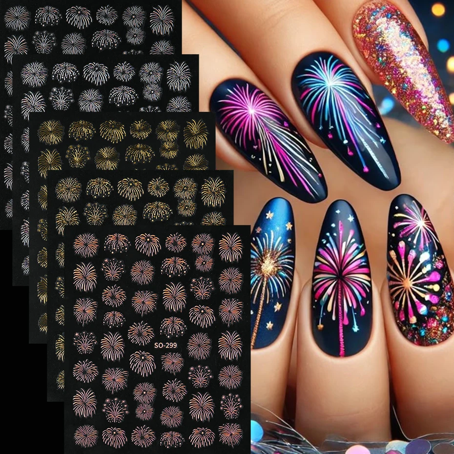 5 Stück 3D-Feuerwerk-Nagelaufkleber, Laser, romantisch, blühendes Feuerwerk, selbstklebende Abziehbilder für Nägel, frohes neues Jahr, DIY Nagelstudio-Dekoration