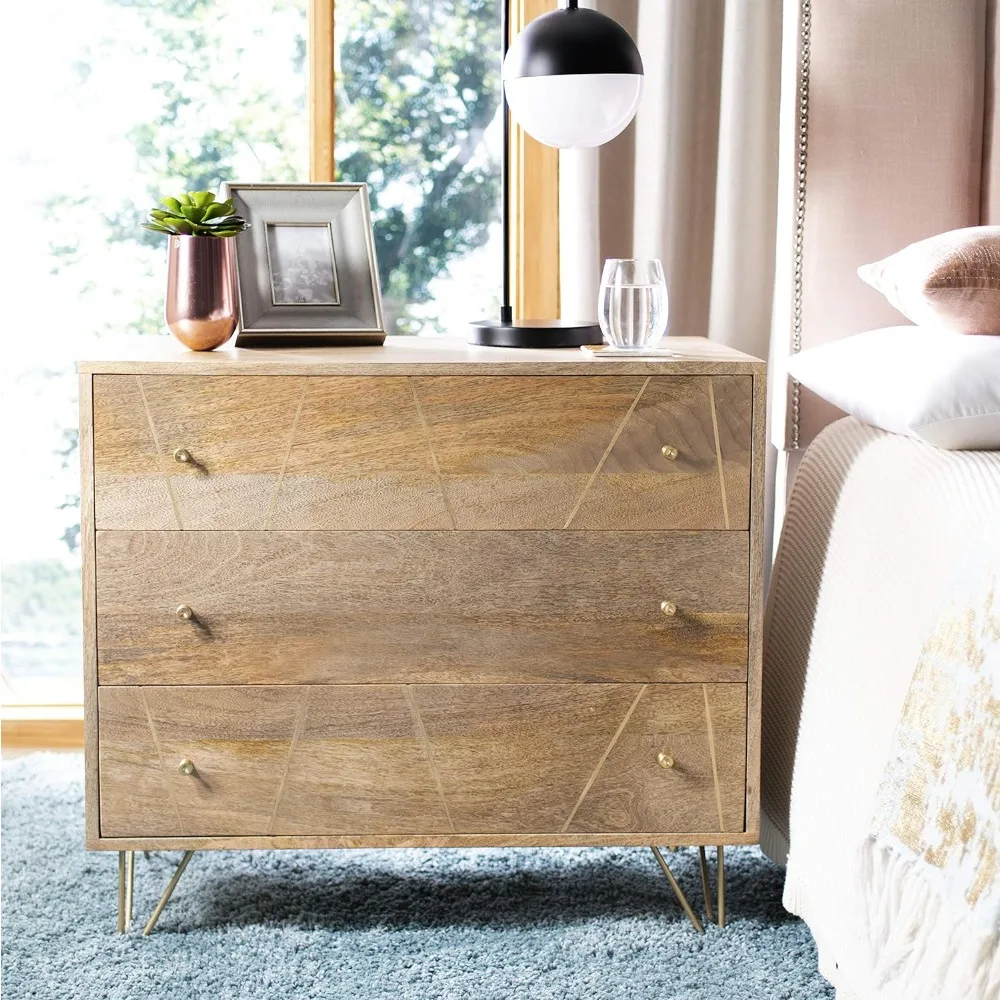 

Dresser for Bedroom, 3-Drawer Dresser, Freestanding Storage Chest, Wooden Dresser with Metal Legs, Easy Assembly, Natural/Brass