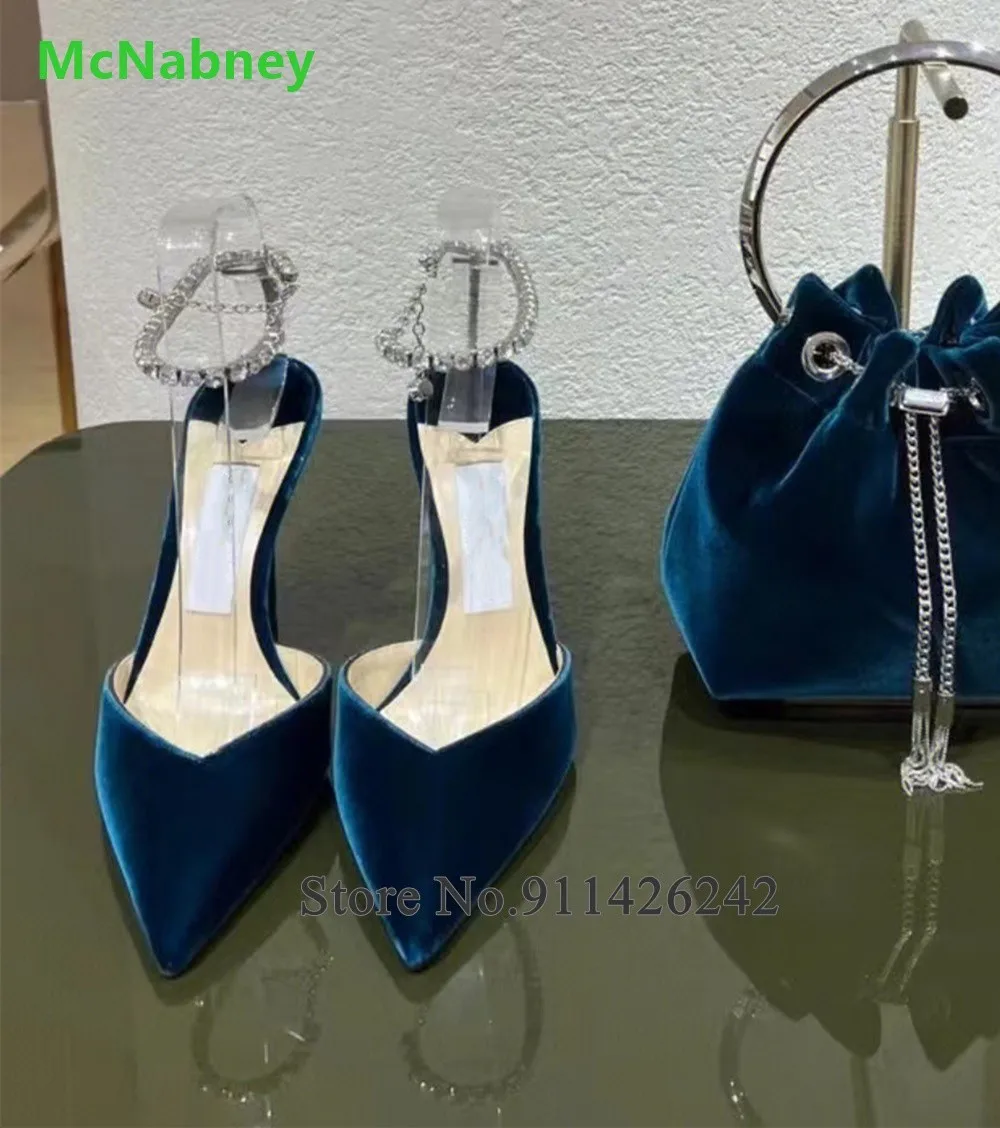 Blue Velvet Fabric Ankle Crystal Strap Pumps For Female Women 2024 Luxury Design Thin High Heel Pointed Toe Elegant Party Shoes