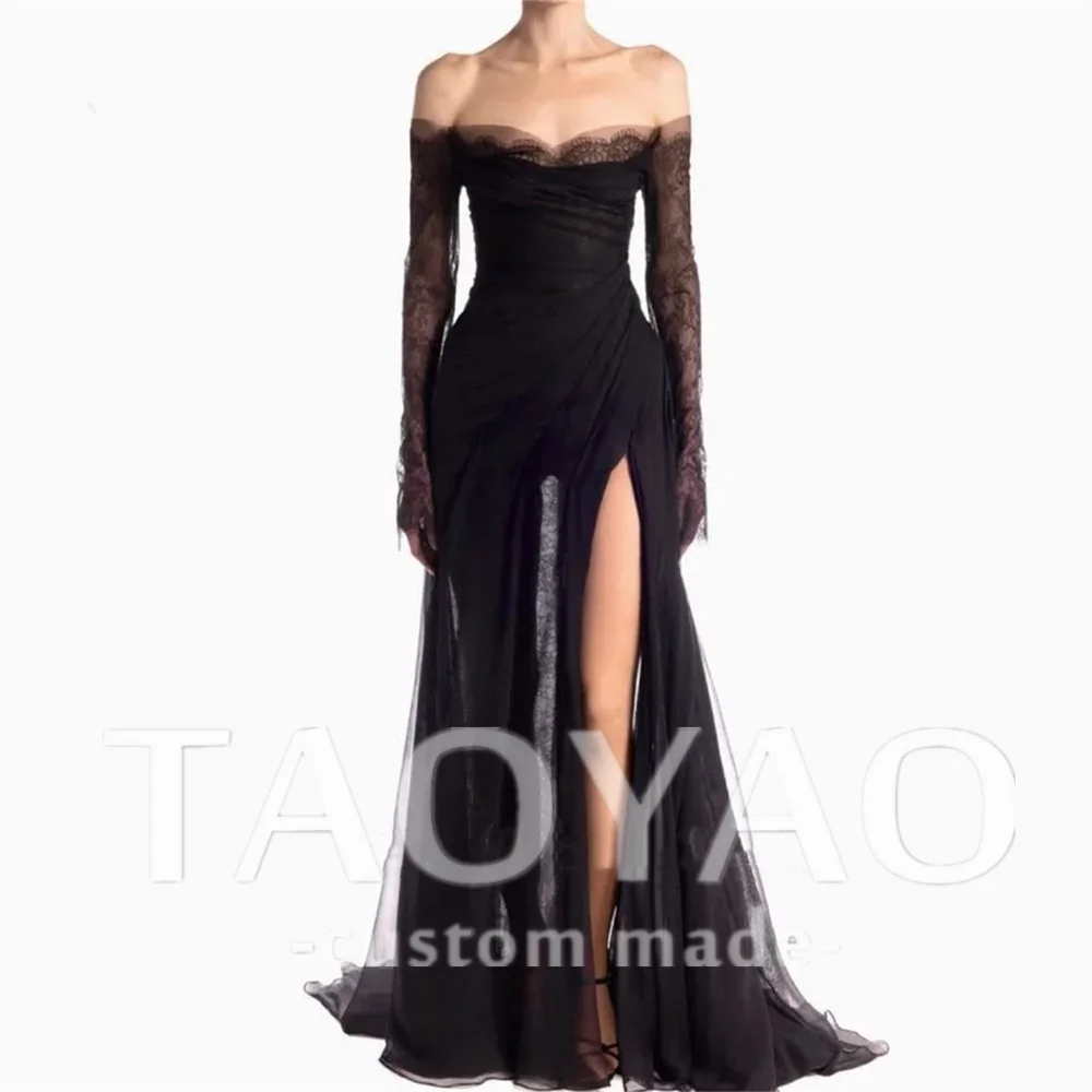 

Sexy Black Prom Dresses Off Shoulder Lace Long Sleeves Wedding Party Gowns Illusion A-Line Sweetheart Side Slit Customized