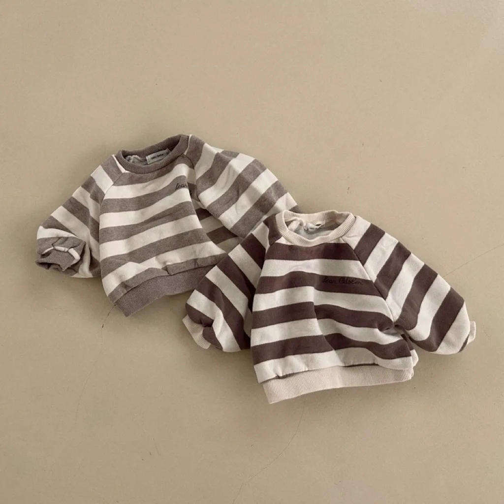 

2025 Winter New Baby Plus Velvet Thick Sweatshirt Infant Girl Casual Striped Tops Toddler Boy Warm Pullover Kids Baby Sweatshirt