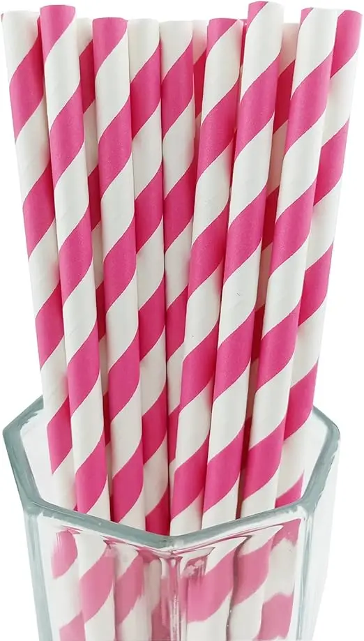 100pcs Paper Straw Rose&White Striped Bulk for Birthday Wedding Christmas Party Supply Smoothies Cocktail Drinkware Reusable 6mm