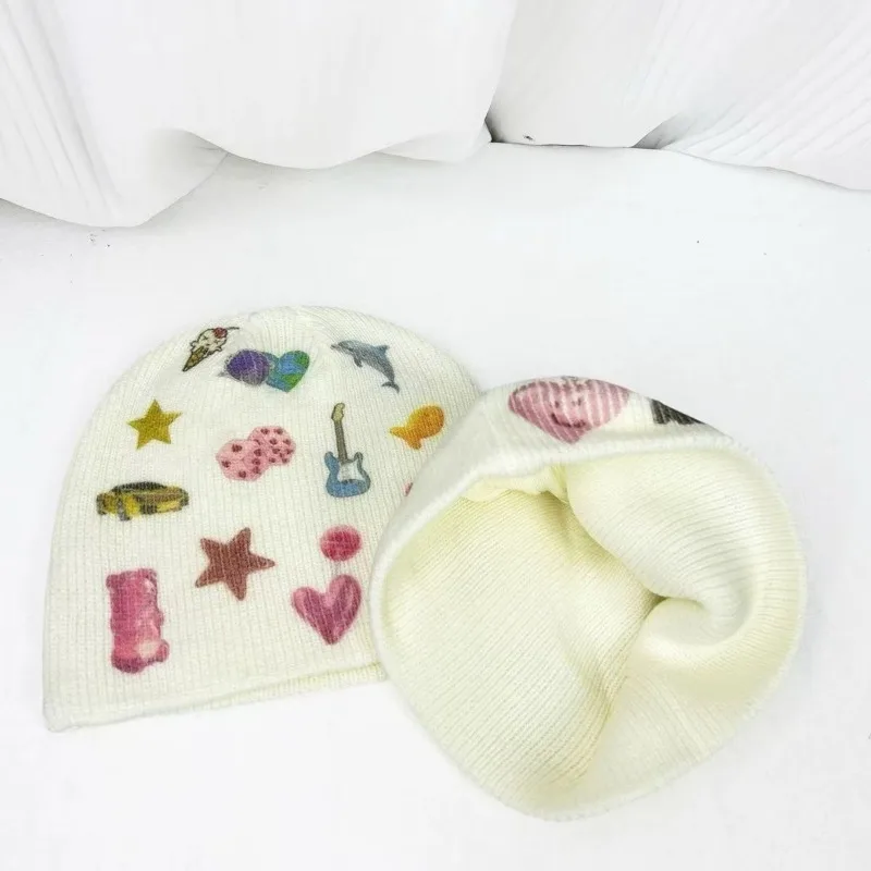 Japanese Subculture Cute Design Knitted Hats Autumn Winter New Kawaii Graffiti Printed Hat Lady Street Sweet Knitted Hat