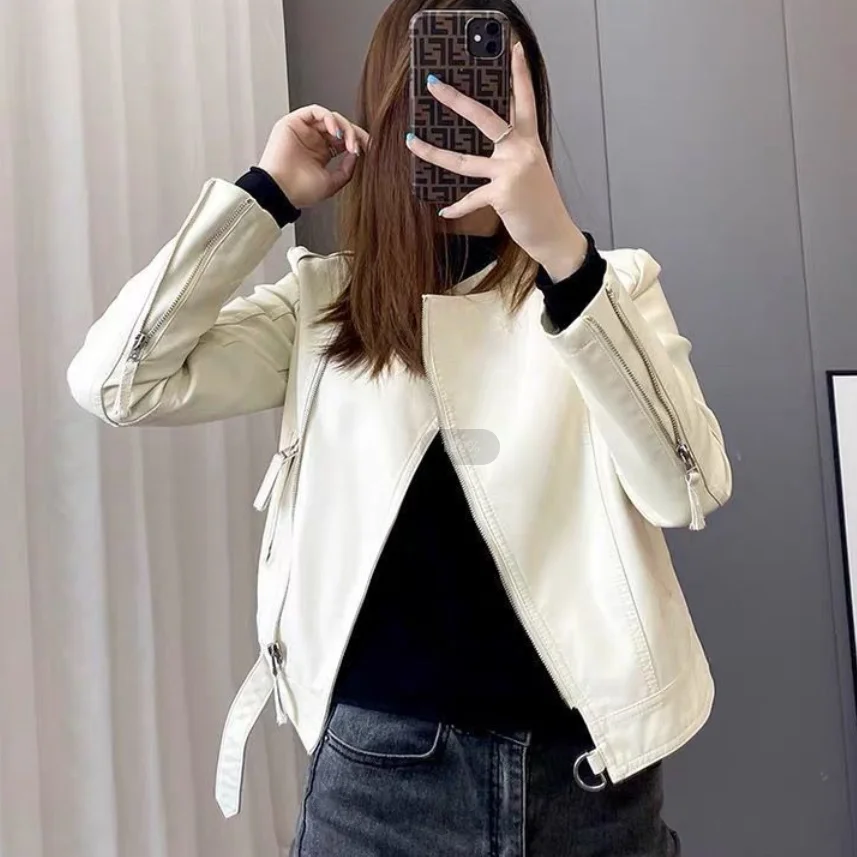 Women\'s PU Leather Jacket with Belt, Short Coat, Stand Collar, Motorcycle Washed Leather Jacket, Spring, New, High Quality, 2024