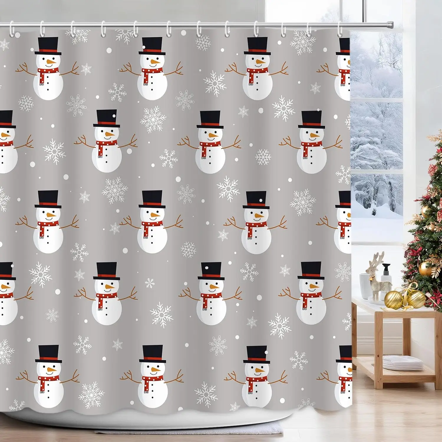 Snowman Shower Curtain for Bathroom, Grey Winter Christmas Snowman Snowflake Shower Curtain, Winter Holiday Bathroom Decorations