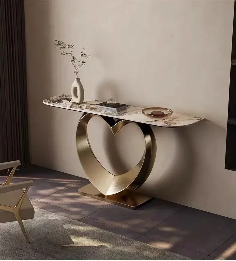 Light Luxury Table For Living Room Rock Slab Countertop Entrance Hall Furniture Heart-Shaped Stainless Steel Base Console Table