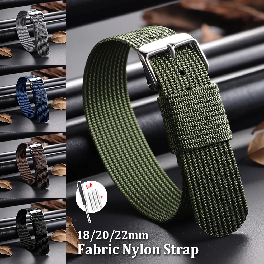 

Blue Green Brown Ribbed Sailcloth Watch Band 18mm 20mm 22mm Fashion Nylon Watch Straps Pin Buckle Men Women Replacement Bracelet