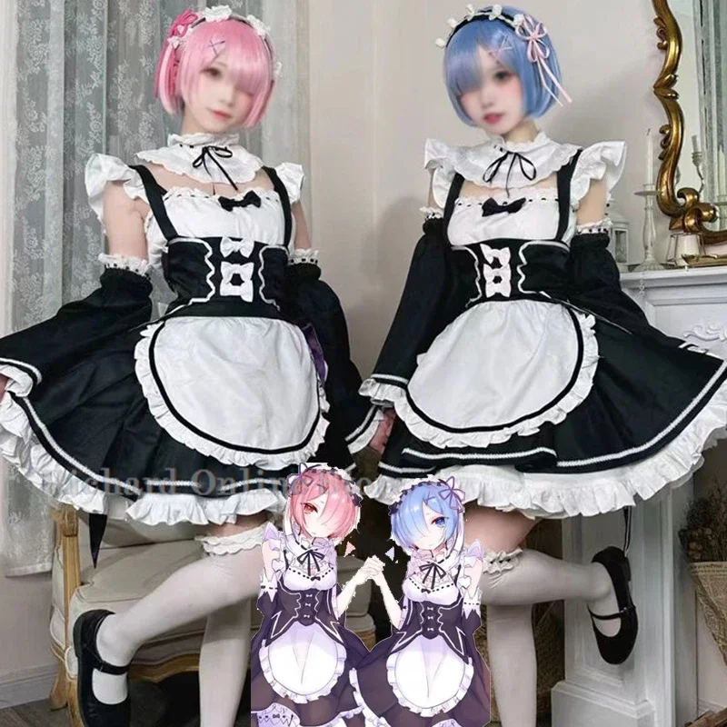 Costumes de cosplay de demoiselle d'honneur Ram Rem Lolita, perruque, robe, veste, anime Re:zero Kara Hajimeru Isekai Seikatsu, robe de demoiselle d'honneur pour Halloween