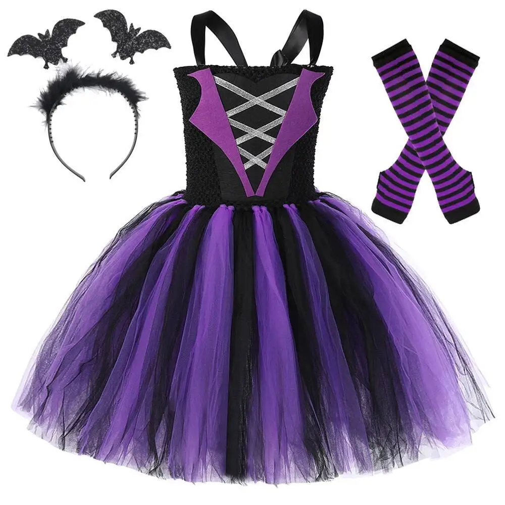 

Black Purple Bat Witch Costumes for Girls Halloween Fancy Lined Dresses for Kids Carnival Party Disguise Outfit Children Clothes