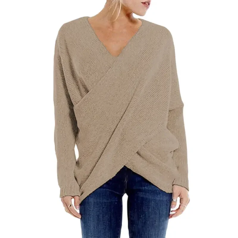 New Women\'s Pullover Top Fashion V Neck Inclined Irregular Hem Sweater Soft Loose Long Sleeve Knitwear Solid Color Ladies Jumper