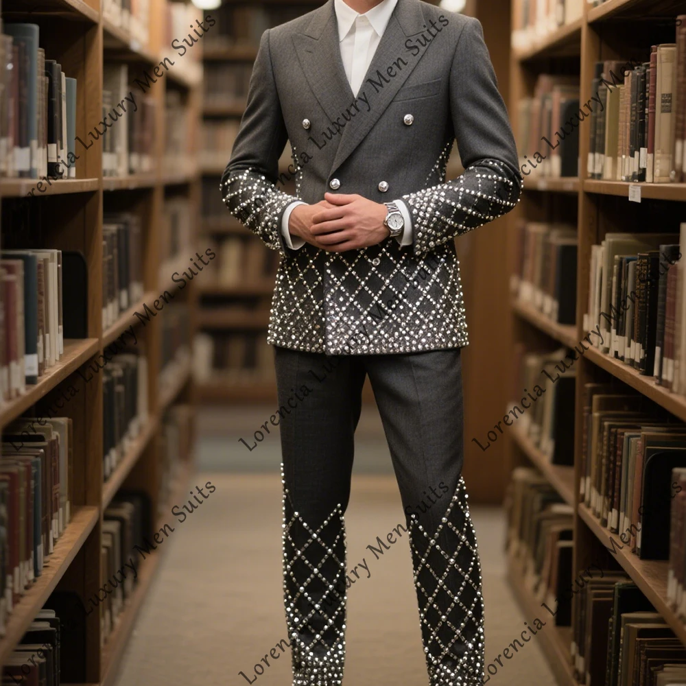 

Luxury Beading Suits for Male Sparkling Tuxedos Double Breasted Wedding Outfits Customized Blazer Pants terno smoking masculino