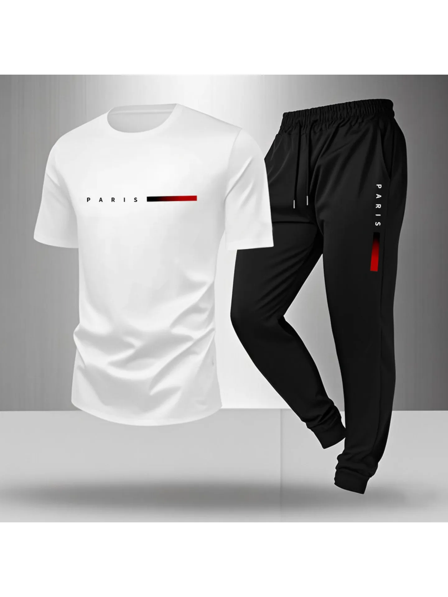 Spring/Summer Paris Letter Printed Round Neck Casual Comfortable Breathable T-shirt with Drawstring Outdoor Sports Pants Set