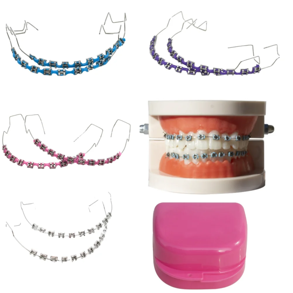 1 Pasang Kawat Gigi Palsu Trendy Warna-warni Dekorasi Gigi Sementara dengan Kawat Logam & Braket Pengikat Ortodontik