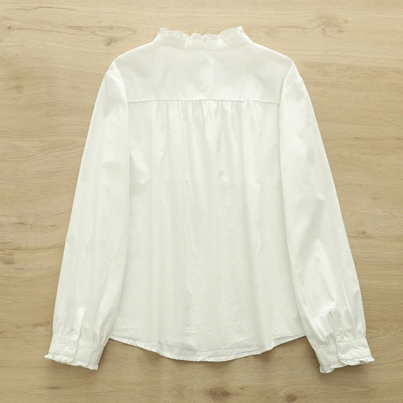 Neue 2025, Herbst Baumwolle Langarm Shirt, Frauen Stehen Falten Rüschen, Mori Mädchen Mode Lässig Lose Bluse T59821CC