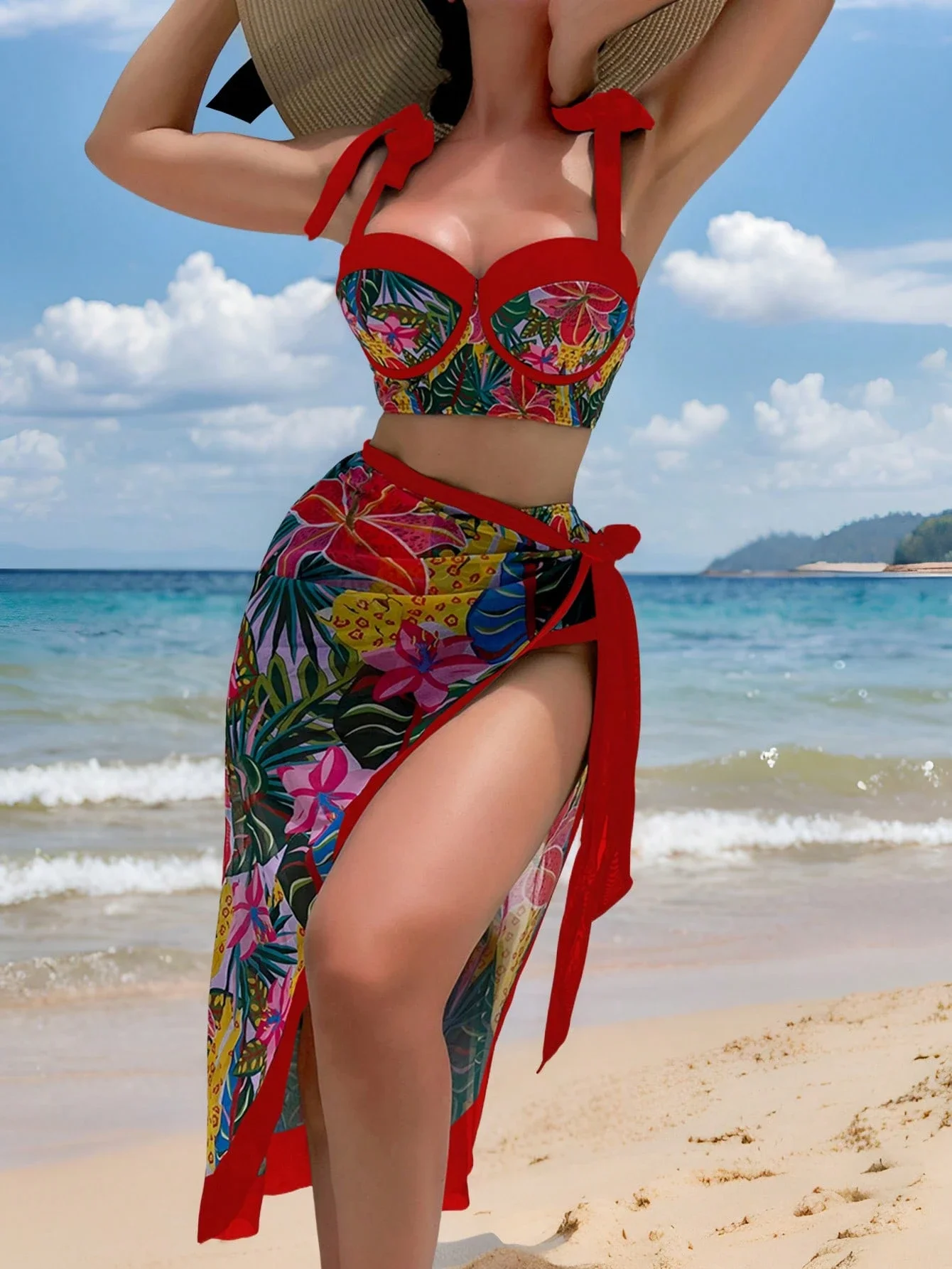 

3 Piece Women Bikini Set With Sarong Skirt Floral Print Strappy Top High Waist Bottom Beach Vacation