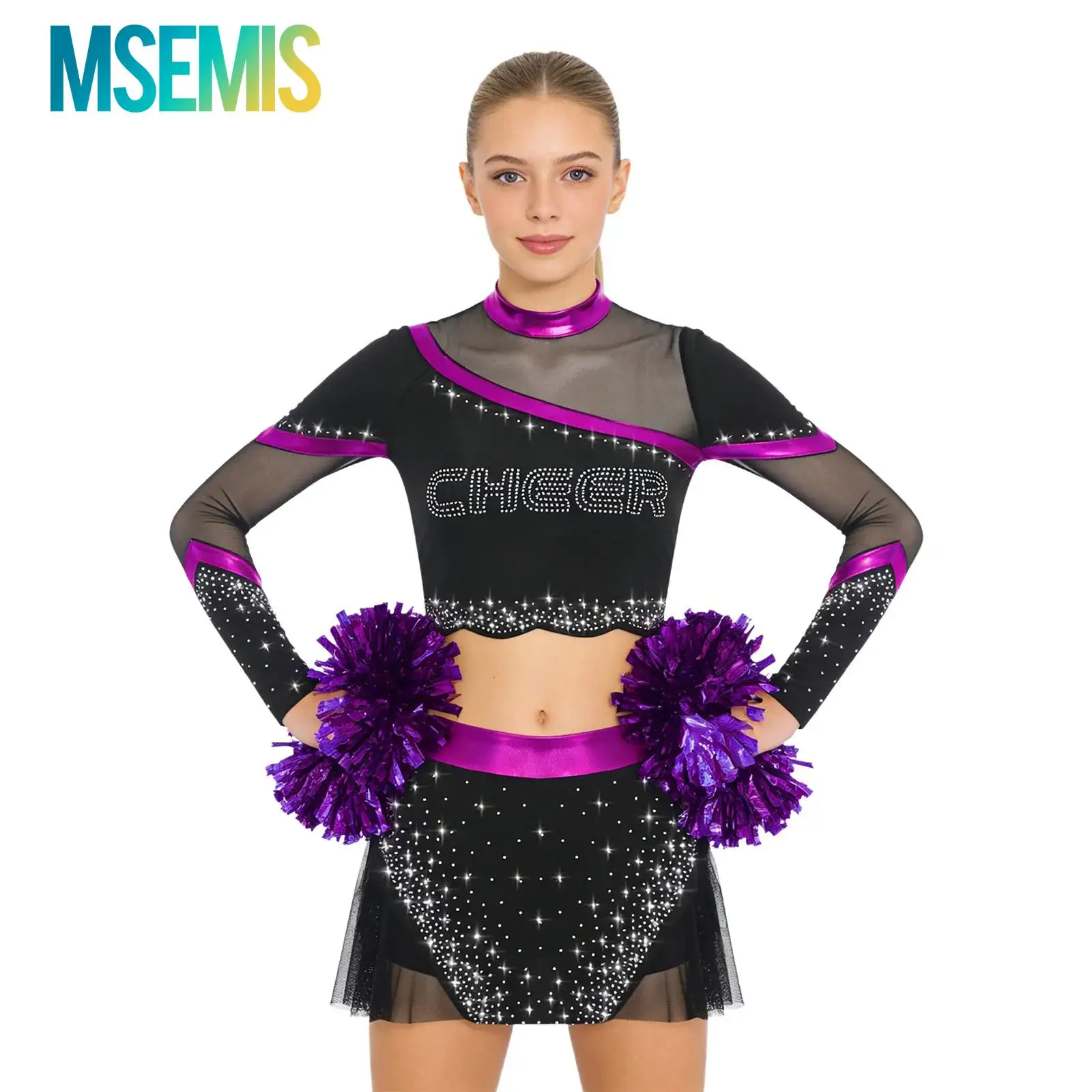 4Pcs Womens Cheerleading Dance Outfits Cheerleader Costume Long Sleeve Sequins Crop Tops with Dance Skirt And Hand Flowers Set
