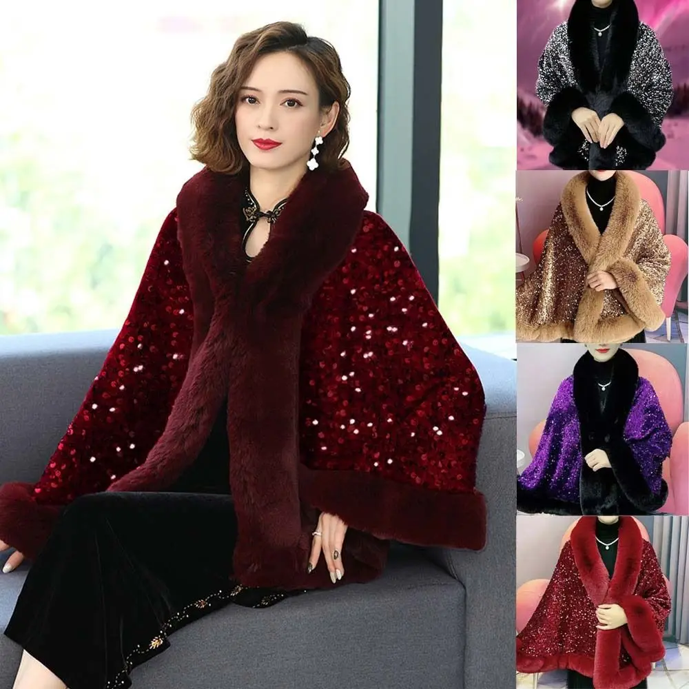 Women Fashion Autumn Winter Plush Shawl Ethnic Style Striped Fur Collar Sequined Shawl Artificial Wool Warm Thicken Cardigan