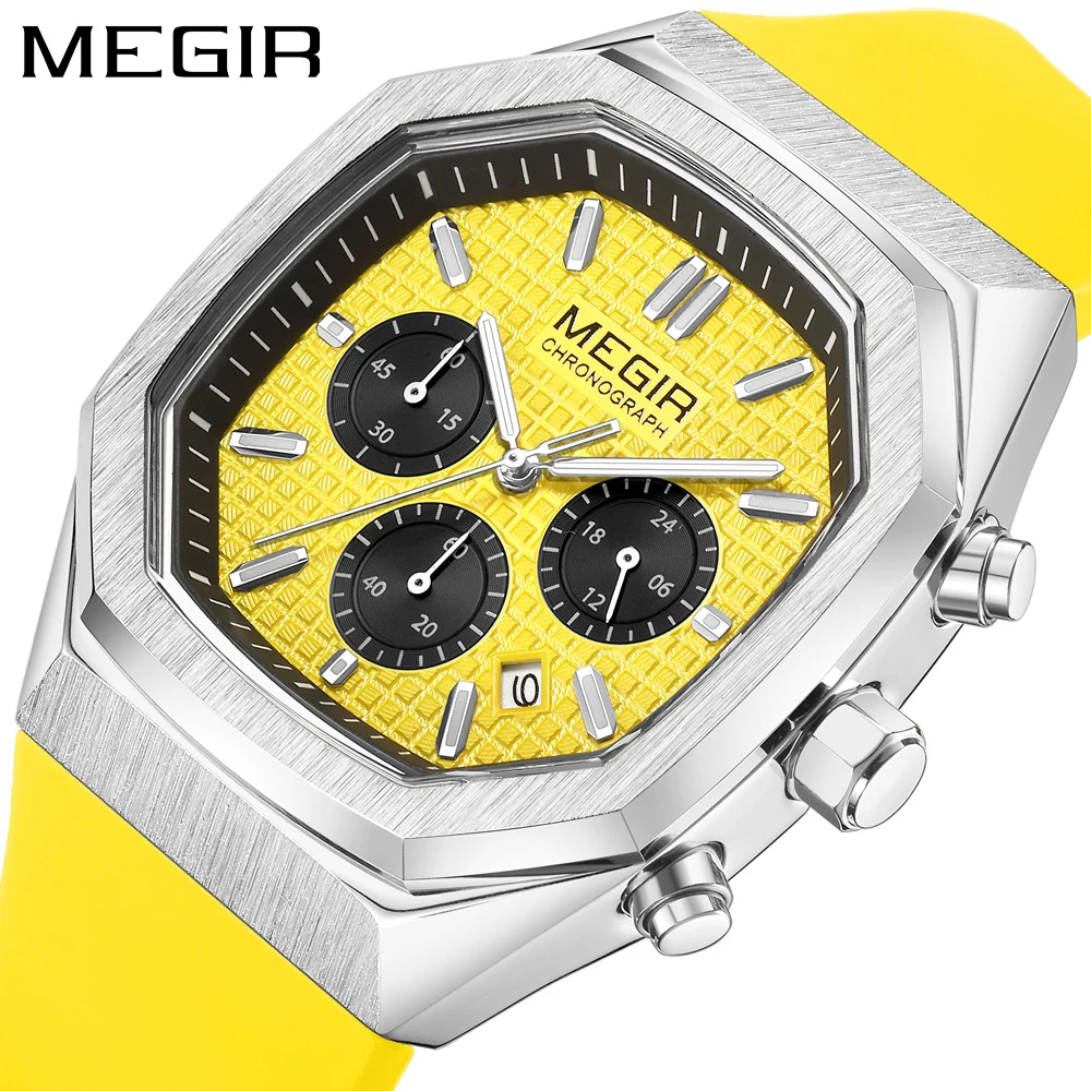 MEGIR Student Sport Watch Men Military Chronograph Quartz Wristwatch Youth with Date Octagon Dial Luminous Hands Silicone Strap