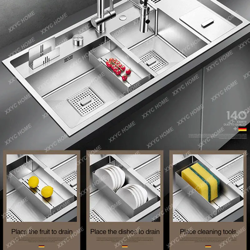 Three kitchen Sink 304 Stainless Steel 4mm Thickness Handmade Brushed Large Size Double Kitchen Sink With Trash Can