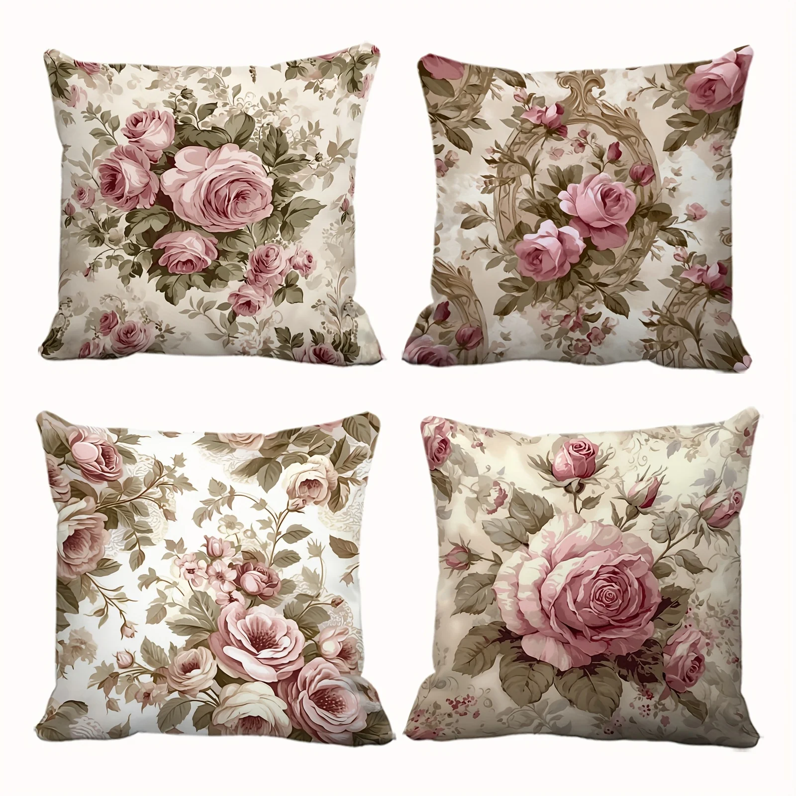 4pcs Traditional Floral Pillow Covers - Pink Rose & Green Leaf Print for Home Outdoor Decor