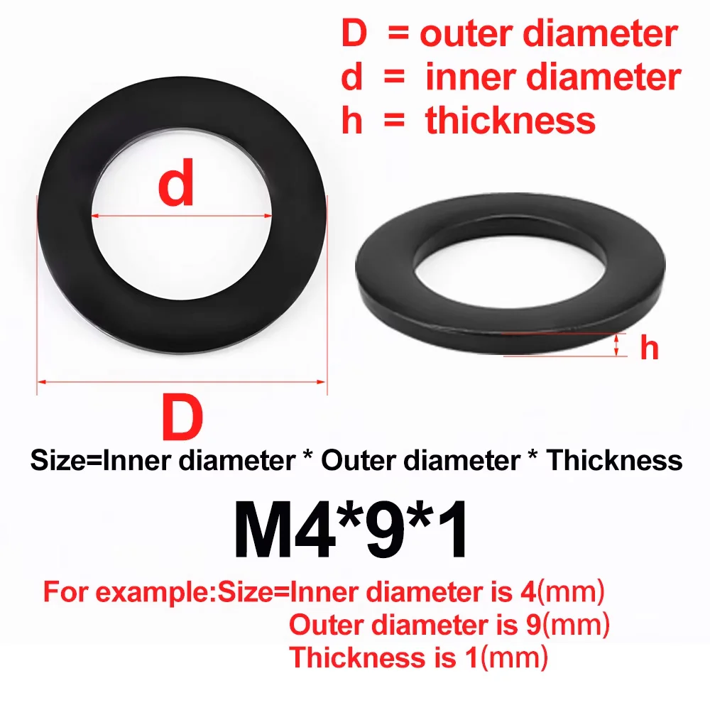 60/100pcs Carbon Steel Black Flat Washer M2 M2.5M3 M3.5M4 M5M6 M8 M10 M12 Large Size Oversize Big Wider Flat Washer Plain Gasket