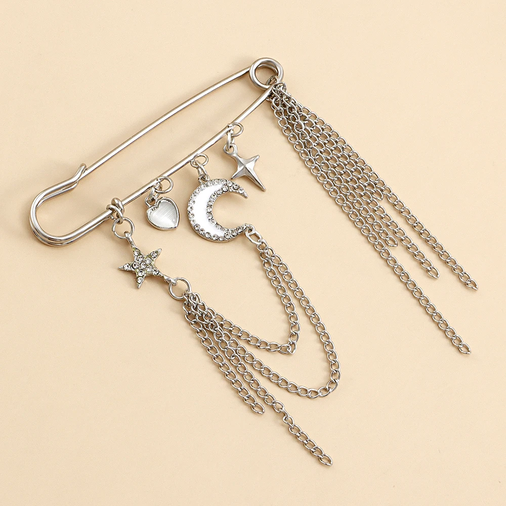 Safe-Pin Pattern Brooch Jewelry Cute Love Heart Four-Pointed Star Crescent Rhinestone Inlaid Chains Strings Corsage Pins Accesso