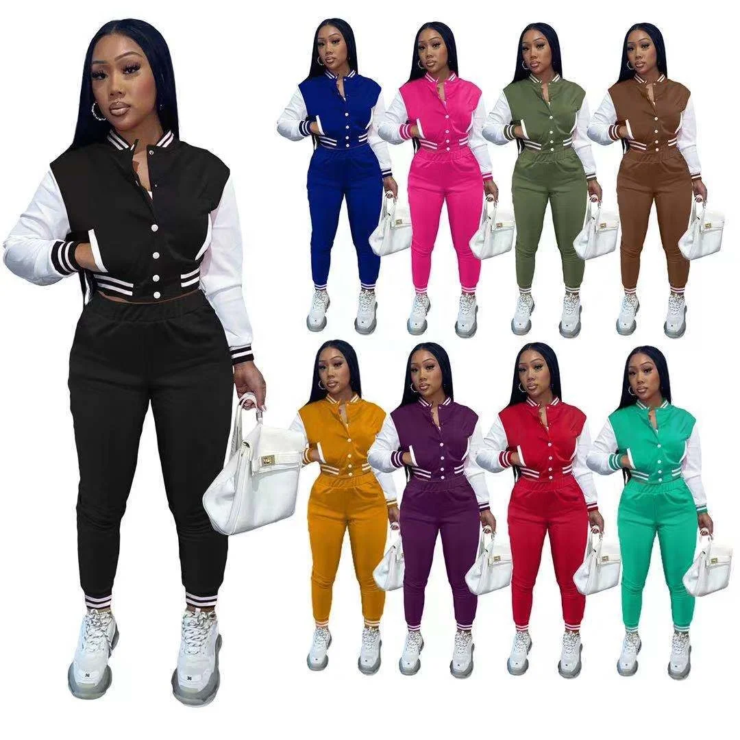 Autumn and winter color-blocking single-breasted fashion women\'s baseball uniform two-piece set