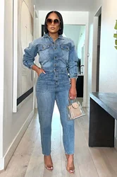 Women's Fall/winter New Light Blue Sexy Fashion Denim Romper with Lapel Long Sleeve Single Breasted Skinny Denim Romper Jumpsuit