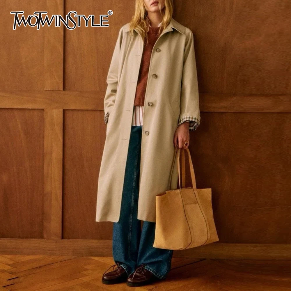 

TWOTWINSTYLE Basics Khkai Long Jackets for Women Lapel Long Sleeve Spliced Check Printing Windbreaker Female Autumn New Style