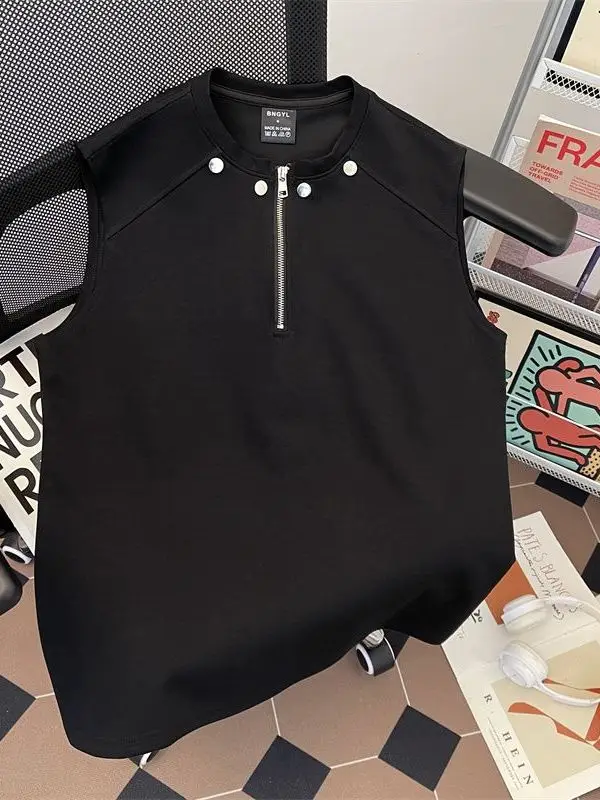 

Мужская летняя спортивная майка-жилет американского стиля с молнией, черная, с заклепками, высокого качества, из полиэстера, приталенного кроя