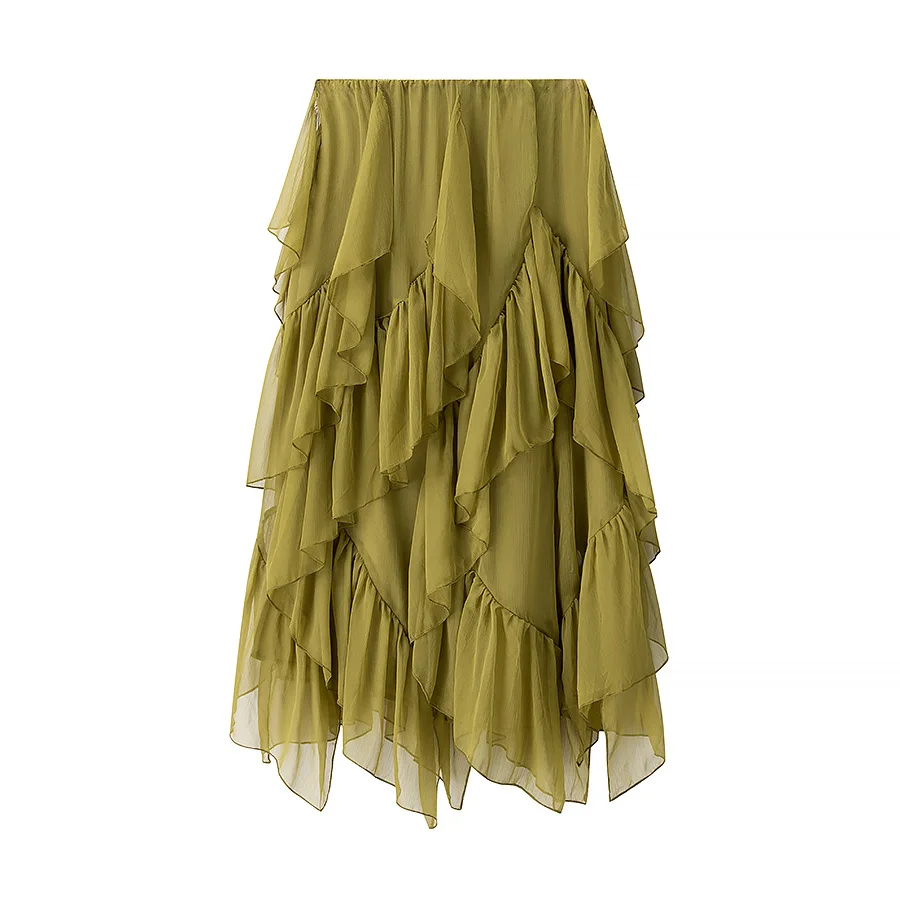 

BSK&TRAF2025 new summer women's clothing casual fashion simple layered design asymmetric mid-waist mid-length skirt