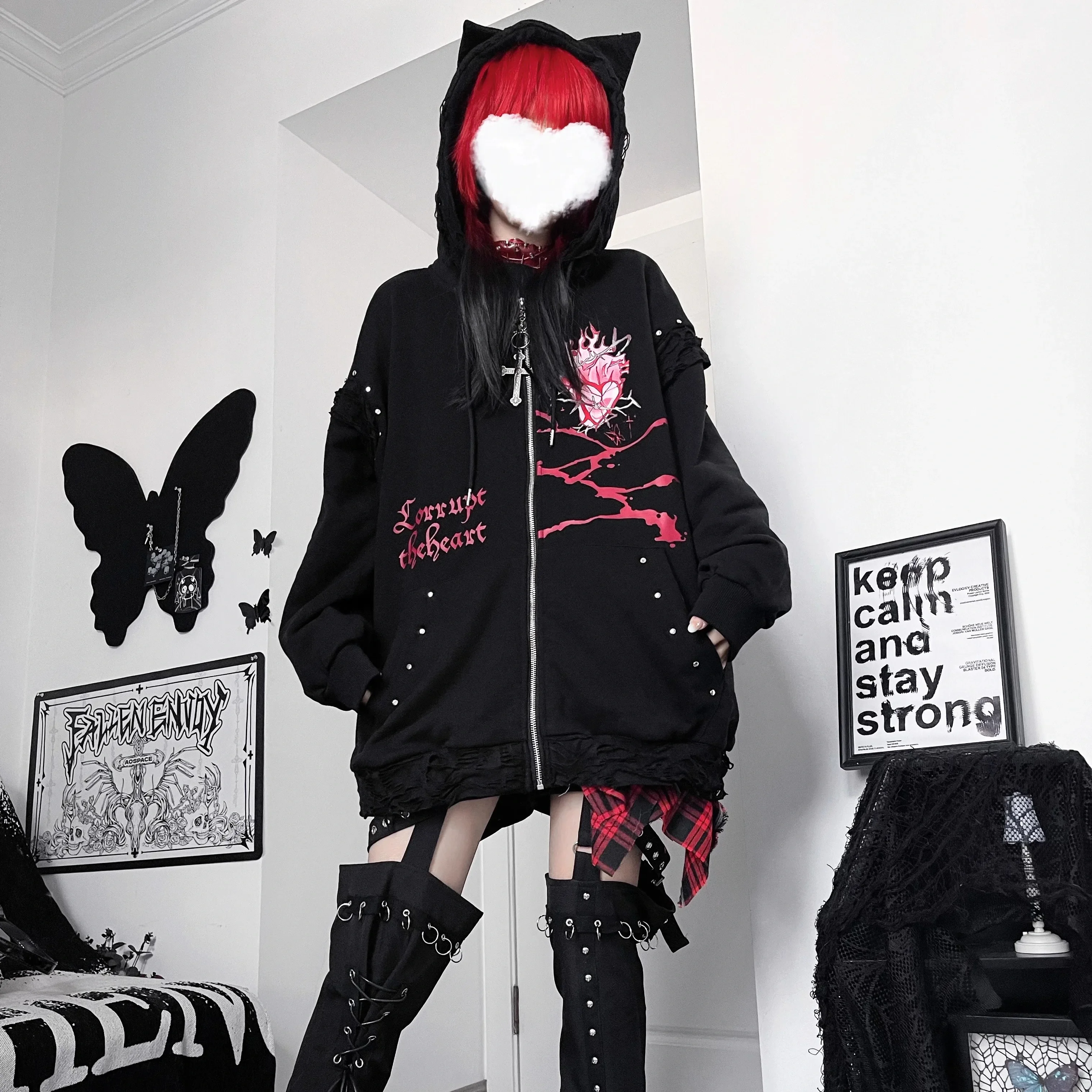 Subculture Gothic Black Hooded Hoodies Spring Women's Black Letter Printed Loose Zip Cardigan Jacket Student Aesthetic Clothing