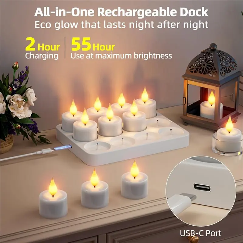 Rechargeable Flameless Tea Lights Candles:48Pc Battery Operated Tea Light Candles,LED Flickering Votive Tealight Candles