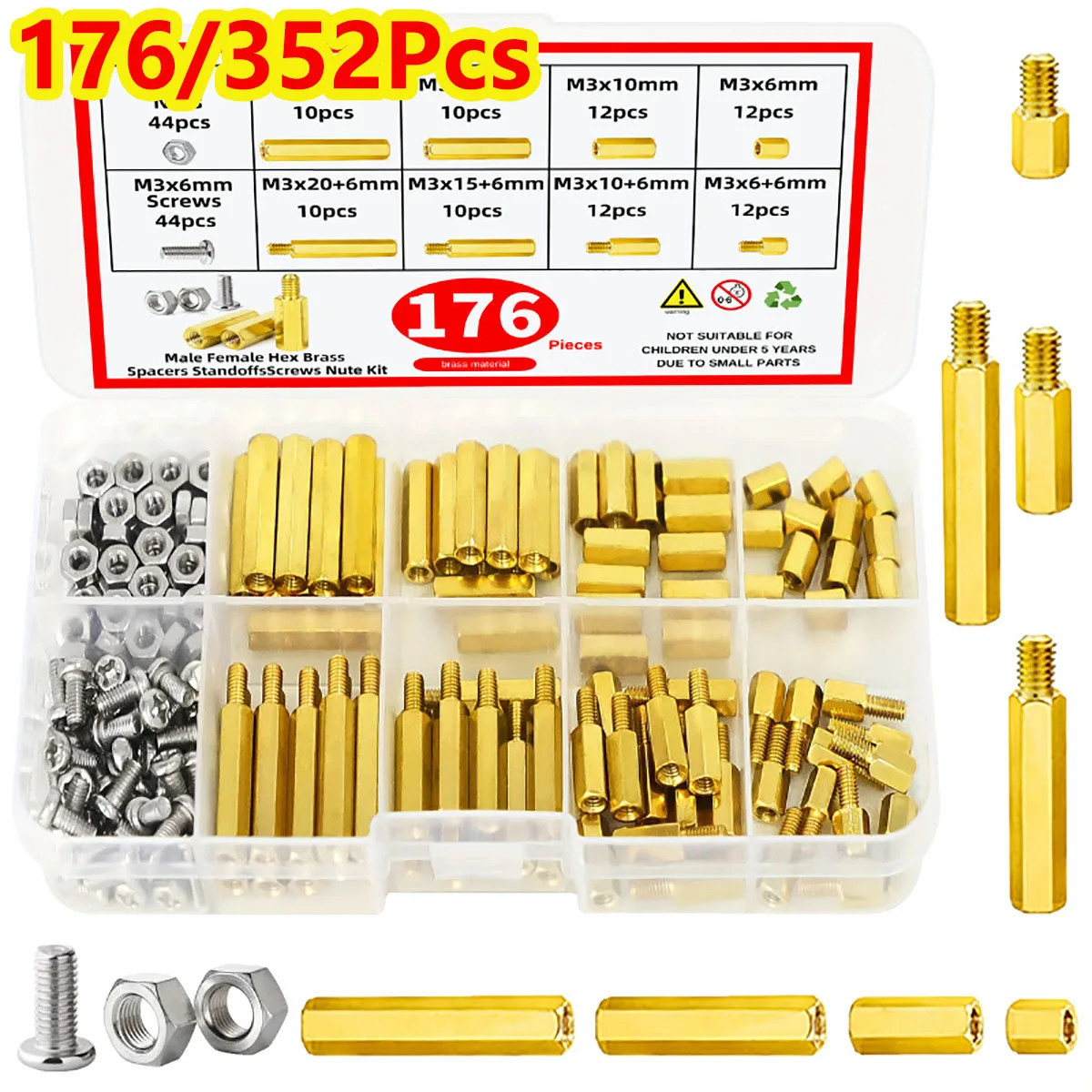 176/352Pc M3 Hex Screws Standoffs Kit Brass Motherboard Spacers for Laptop DIY Computer & Circuit Board Repair Male Female Space
