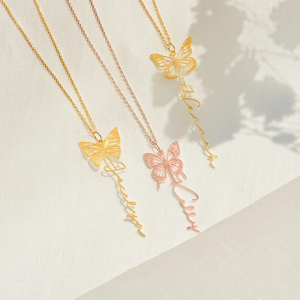 2024 Dainty Birth Butterfly Name Necklace Personalized Name Necklace Custom Gold Name Jewelry Birthday Gift for Her Mom Gift